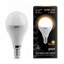 Лампа Gauss Шар 6.5W 520lm 3000K E14 LED 1/10/100